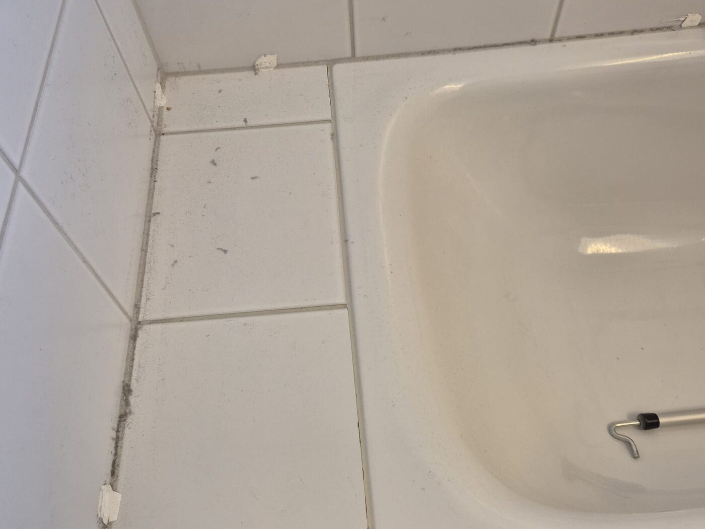 Badezimmer vor der Reinigung mit Kalk in den Fugen